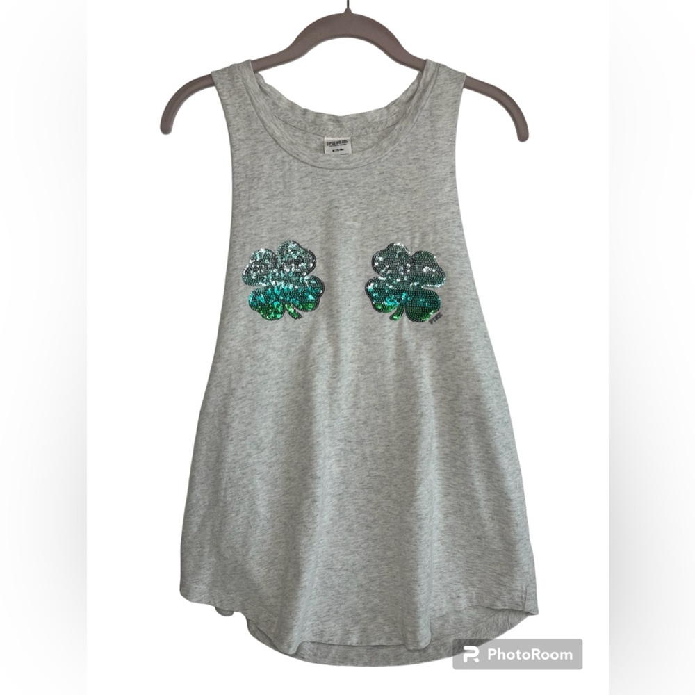 Victoria’s Secret PINK Shamrock St Patrick’s Day Gray Green Sequins Clover M VG